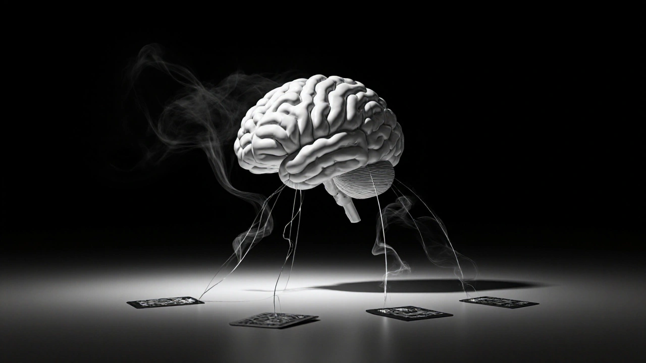 Un cerebro humano dividido entre luz y sombra, con hilos de atención hacia espacios vacíos donde deberían estar los objetos.