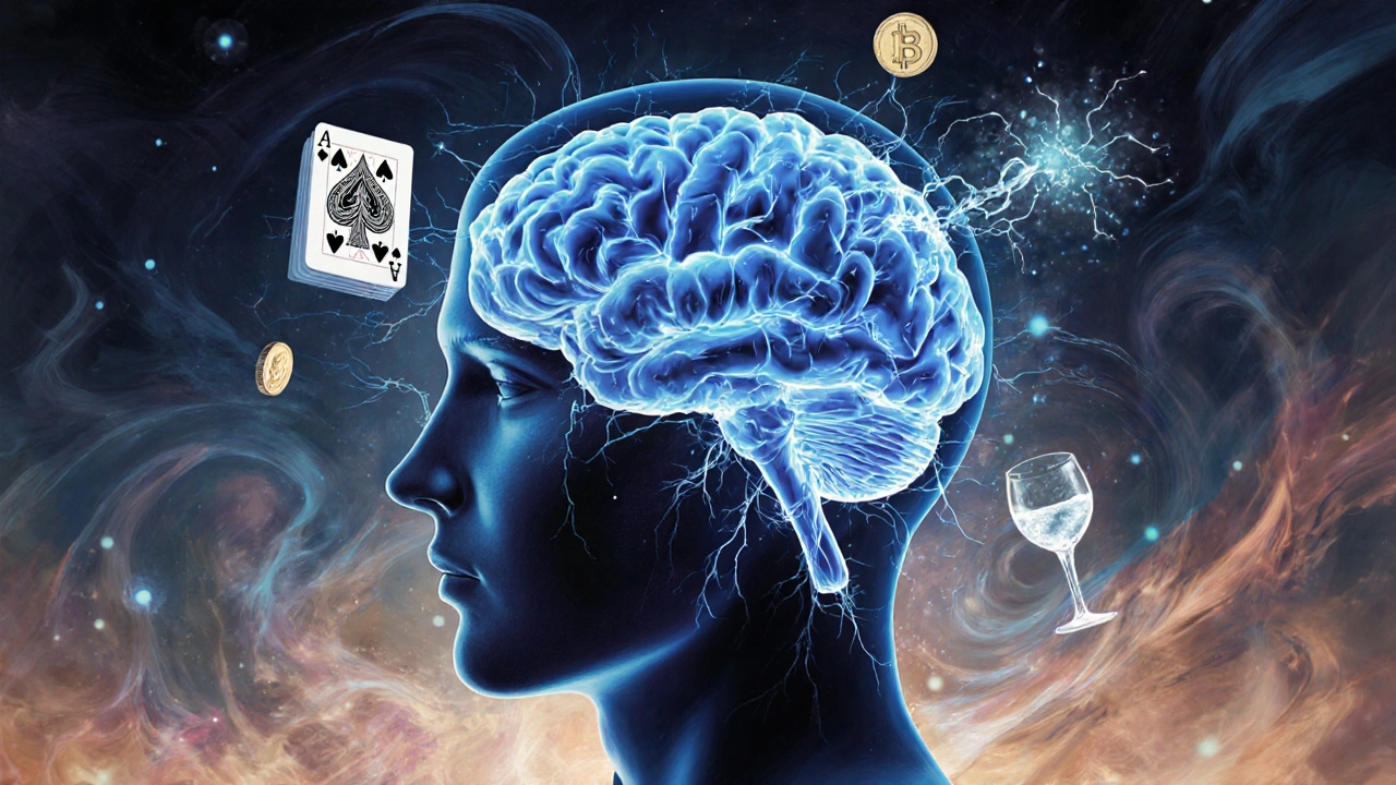 Un cerebro iluminado muestra caminos neuronales conectados a trucos de magia.