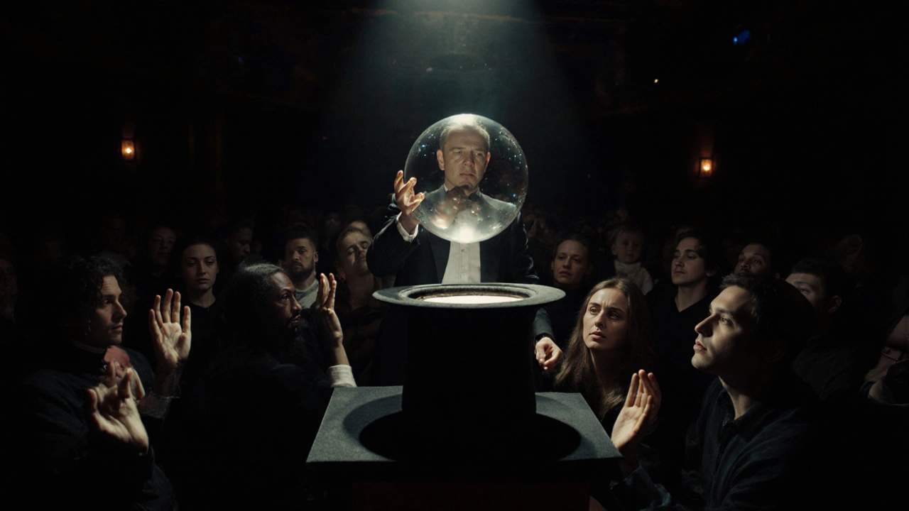 Un espectáculo de magia en vivo con una bola flotante sobre un sombrero, y una audiencia completamente callada y fascinada.