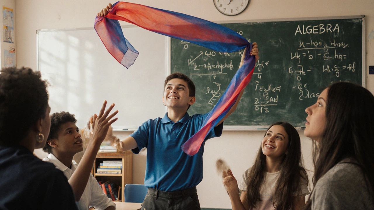Un estudiante muestra un pañuelo que cambia de color mientras sus compañeros reaccionan con asombro.