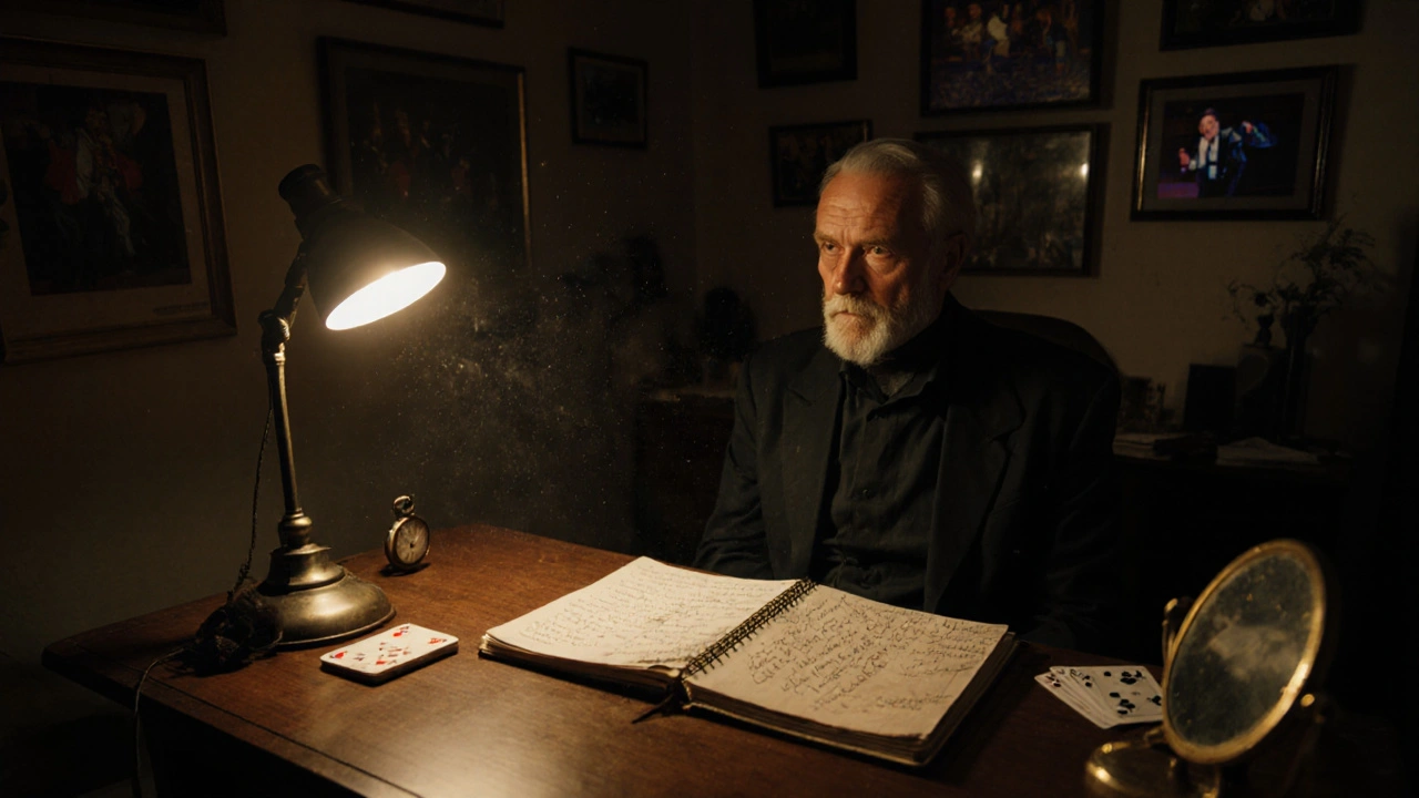Un maestro ilusionista estudia notas y técnicas en su estudio, rodeado de cartas y relojes.