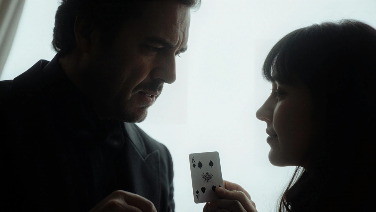 Un mago mira fijamente a un espectador mientras revela microexpresiones y distracciones sutiles.