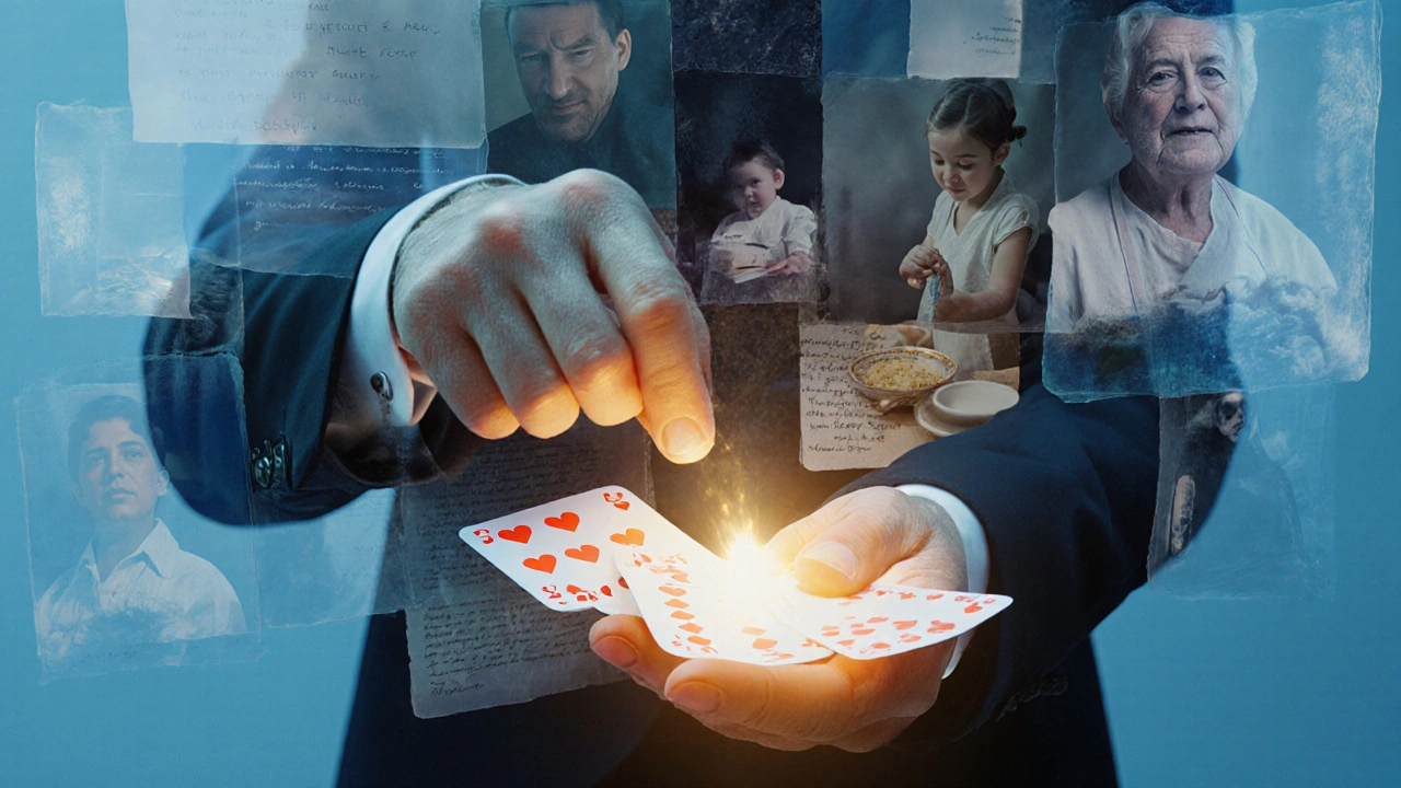 Un mago pausa durante un truco, mientras memorias emocionales flotan detrás de él en luz dorada.