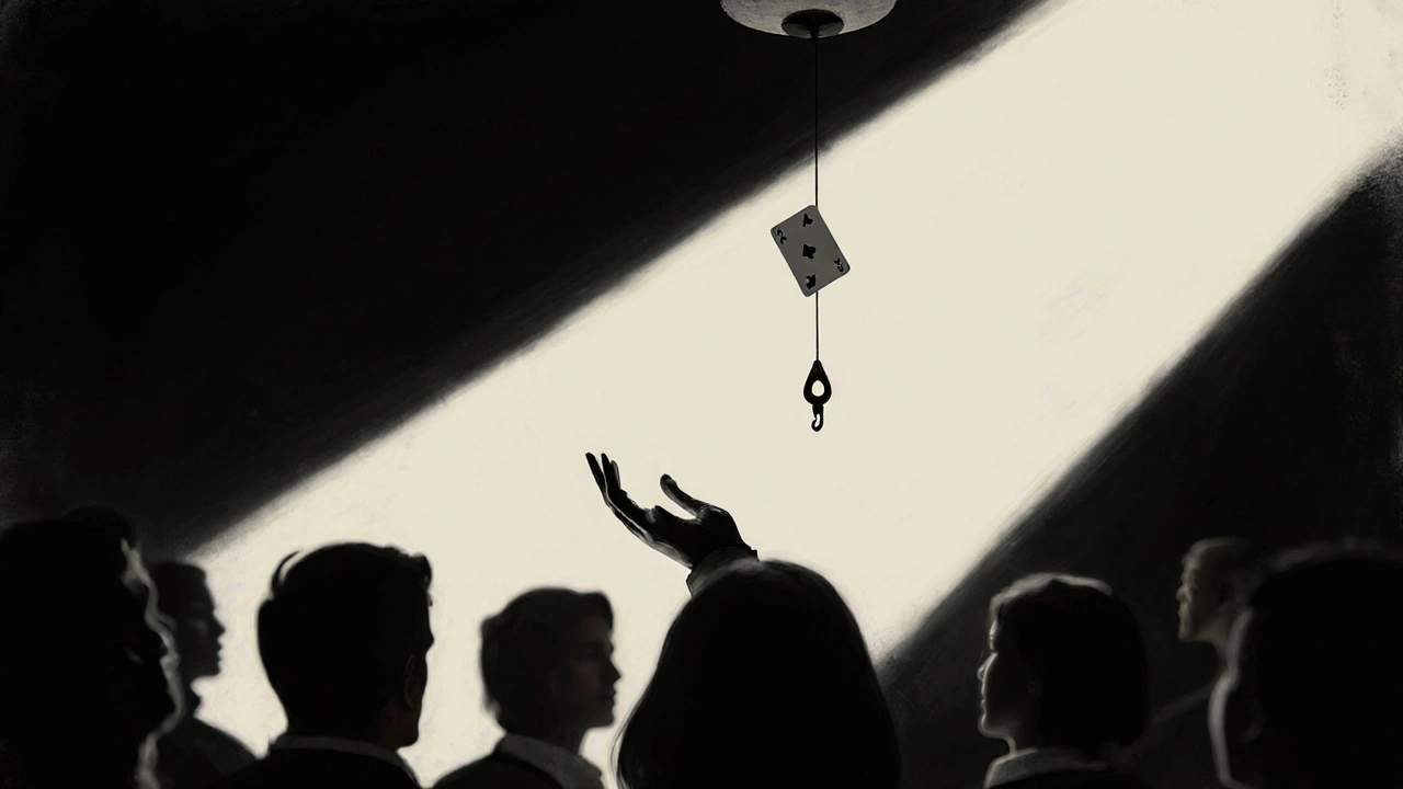 Un mago realiza un truco de carta voladora con un hilo fino que se pierde en la sombra del escenario.