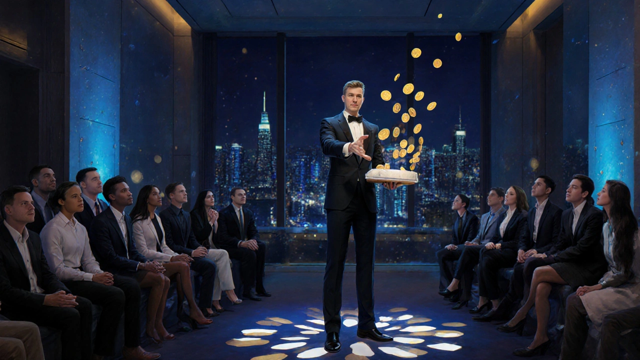 Un mago realiza una ilusión con monedas y luz proyectada en un evento corporativo, empleados observando en silencio.