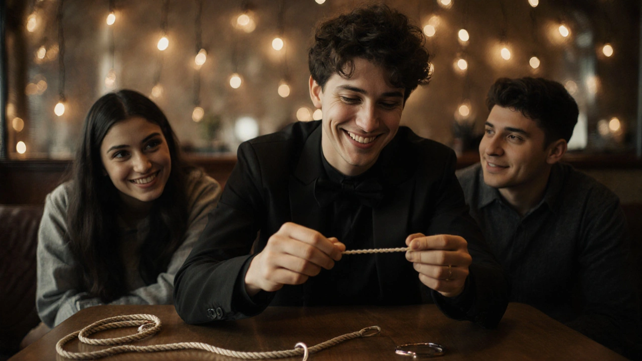 Un mago sonríe en un café mientras dos personas miran con asombro un anillo suspendido en una cuerda.