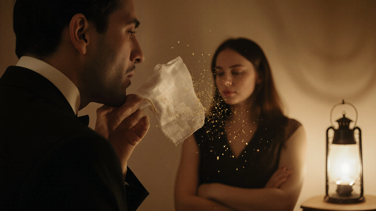 Un mago susurra mientras una pañuelo se desvanece, su mirada fija en una mujer escéptica en primer plano.