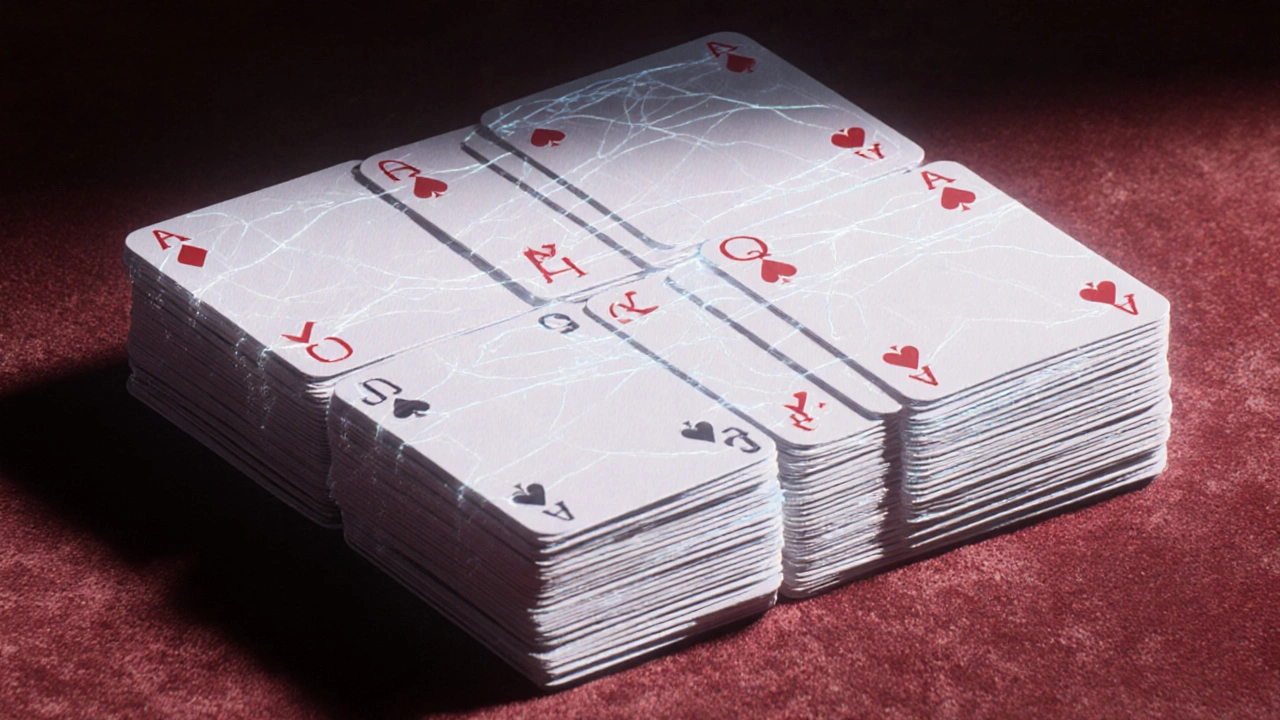 Un mazo de cartas ordenado en una secuencia secreta, con líneas luminosas que conectan cada carta.