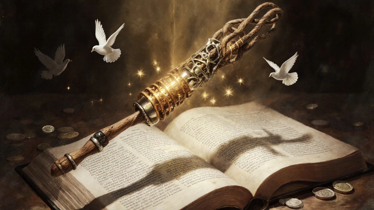 Un objeto mágico flotante que combina símbolos antiguos y modernos, rodeado de sombras misteriosas.