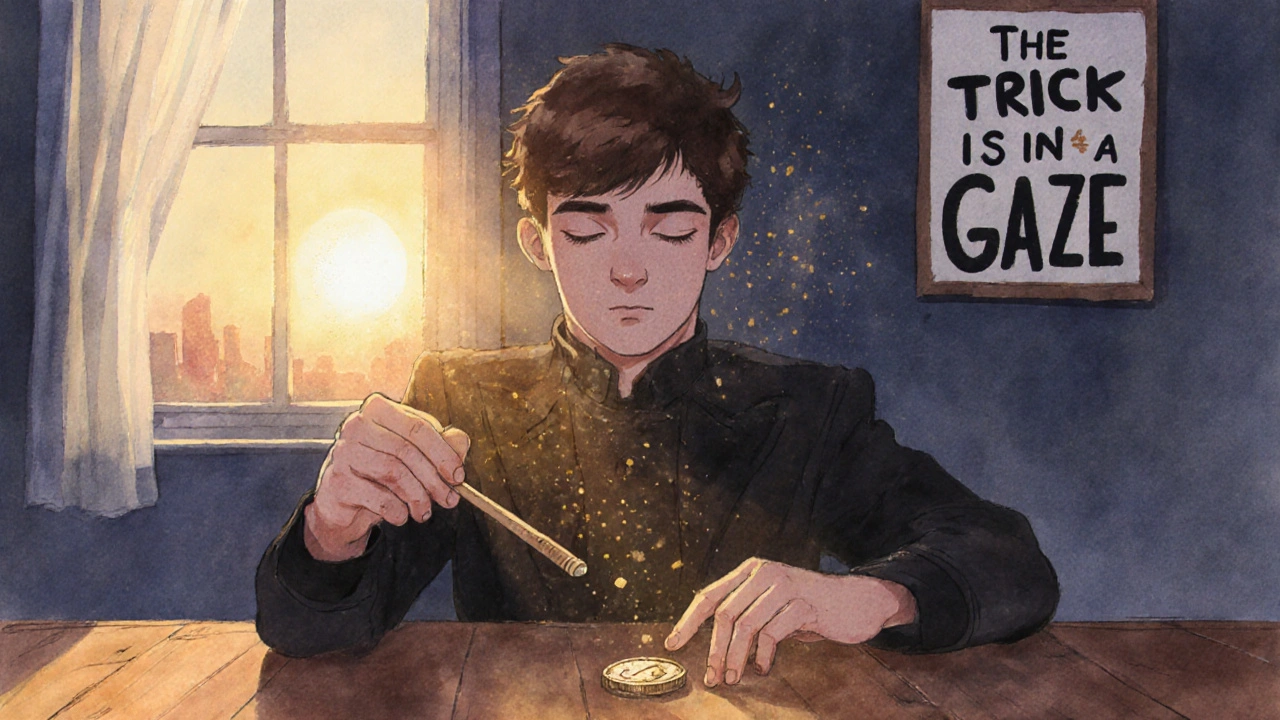 Un principiante practica con una varilla de madera sobre una moneda, mirando directamente al espectador al atardecer.