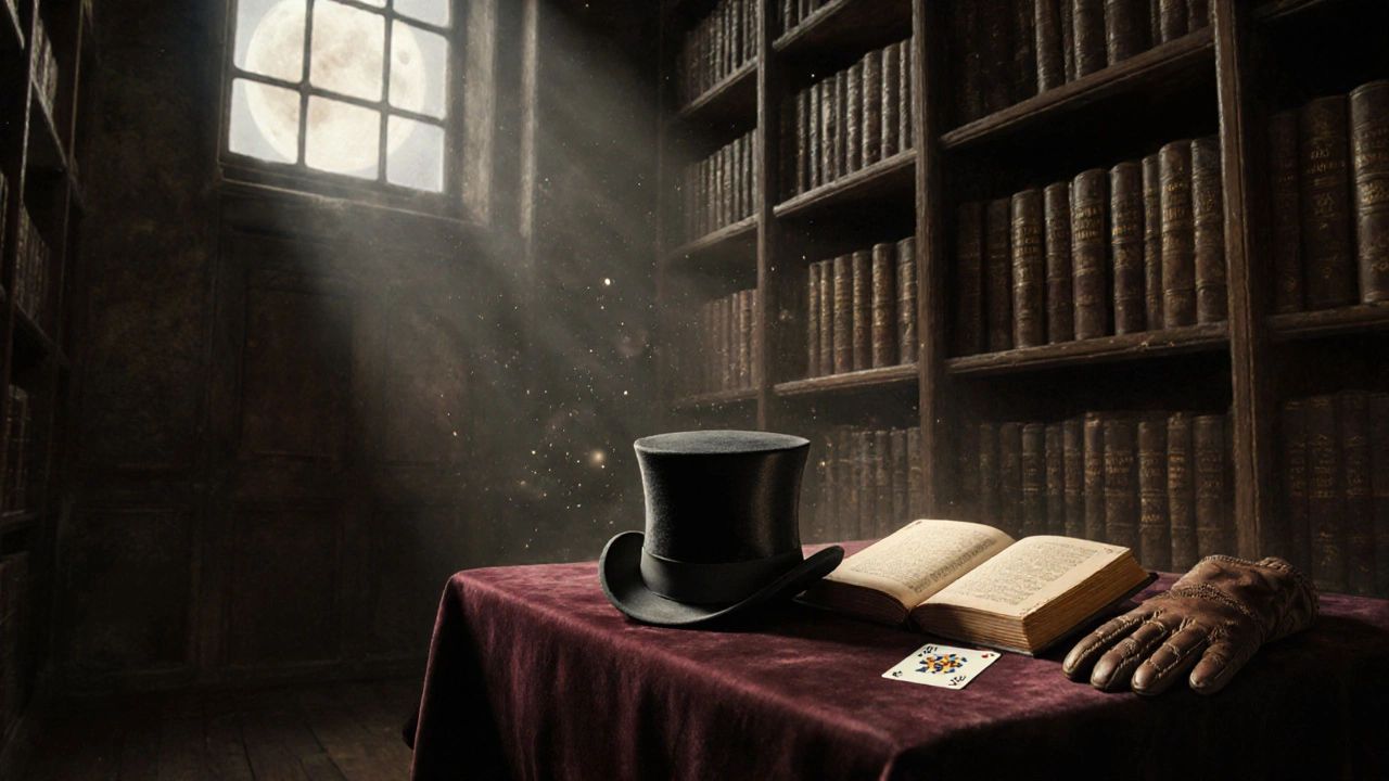 Una biblioteca mágica con libros antiguos y un sombrero vacío, iluminada por una luz de luna que resalta el secreto.