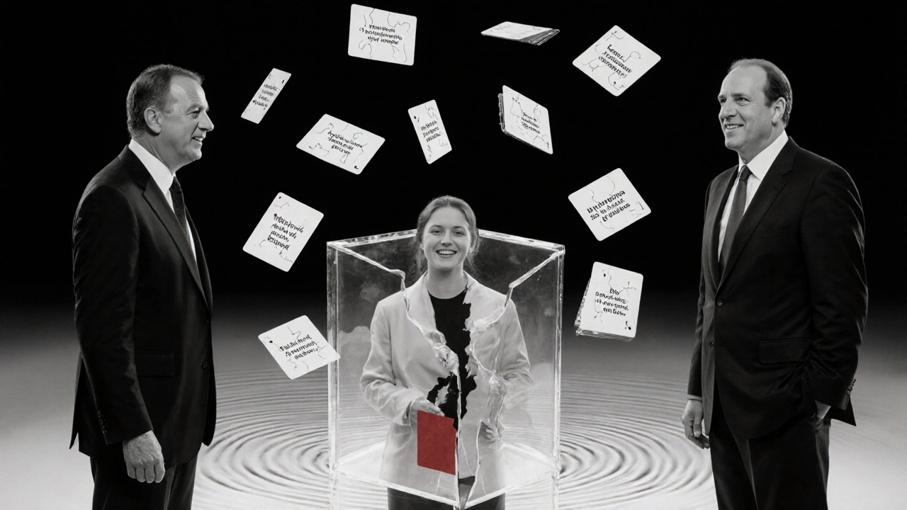 Una caja de cristal cortada por una sierra eléctrica, con un voluntario dentro sin daño, flotando fragmentos de pensamiento.