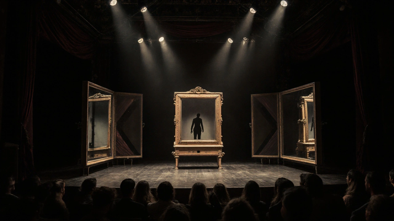Una caja de ilusión con espejos que reflejan el fondo del escenario, creando la apariencia de desaparición.