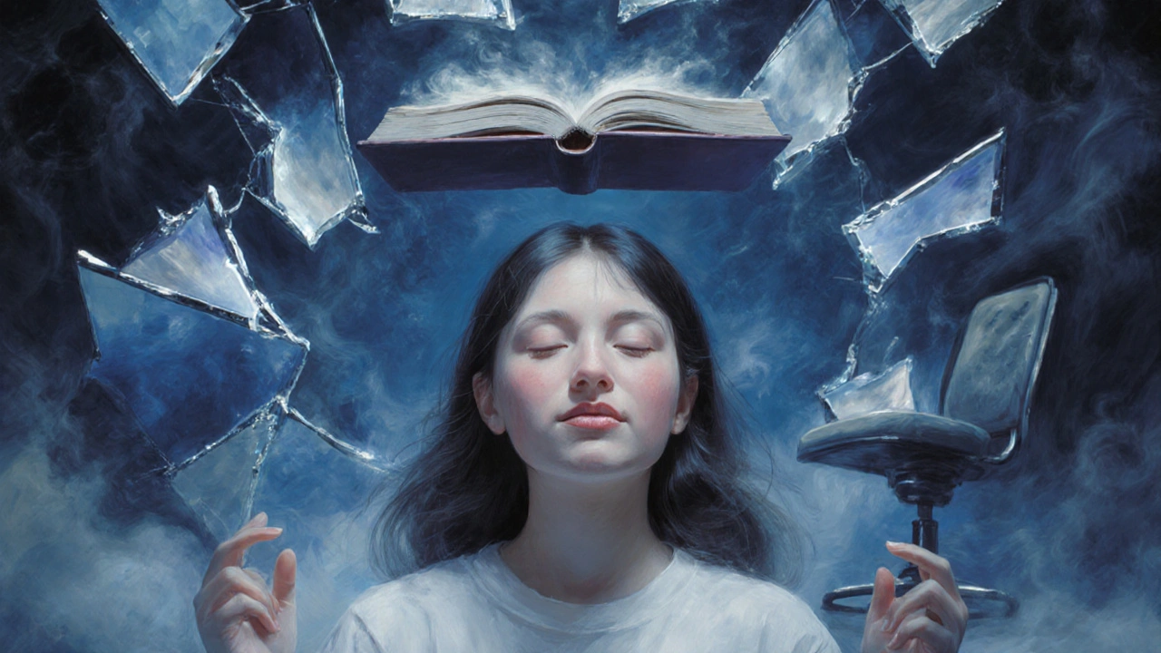 Una chica medita mientras un libro flota boca abajo, espejos rotos reflejan imágenes distorsionadas.