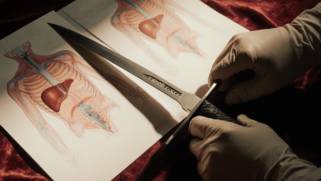 Una espada especializada con bordes redondeados y curvatura sutil, junto a diagramas anatómicos del torso humano.