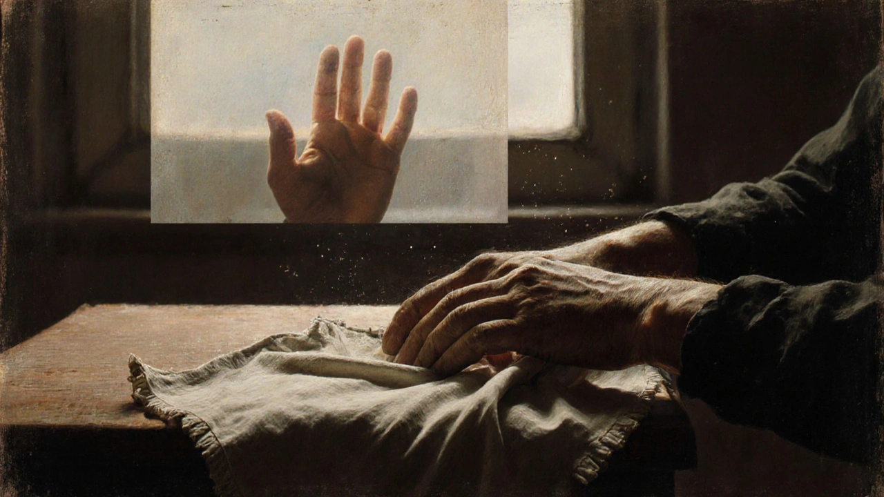 Una mano coloca un pañuelo desgastado sobre una mesa, con un reflejo etéreo de otra mano en el pasado.