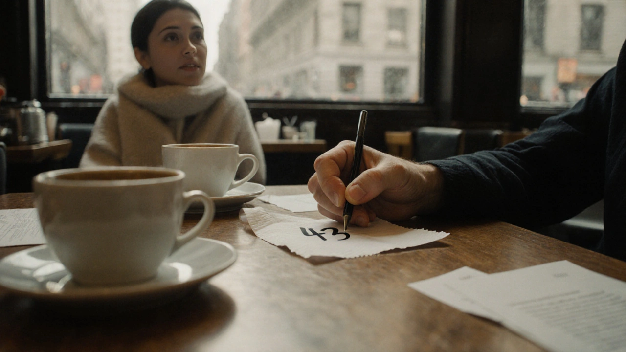 Una mano escribe el número 43 en una servilleta mientras alguien lo mira con asombro en una cafetería.