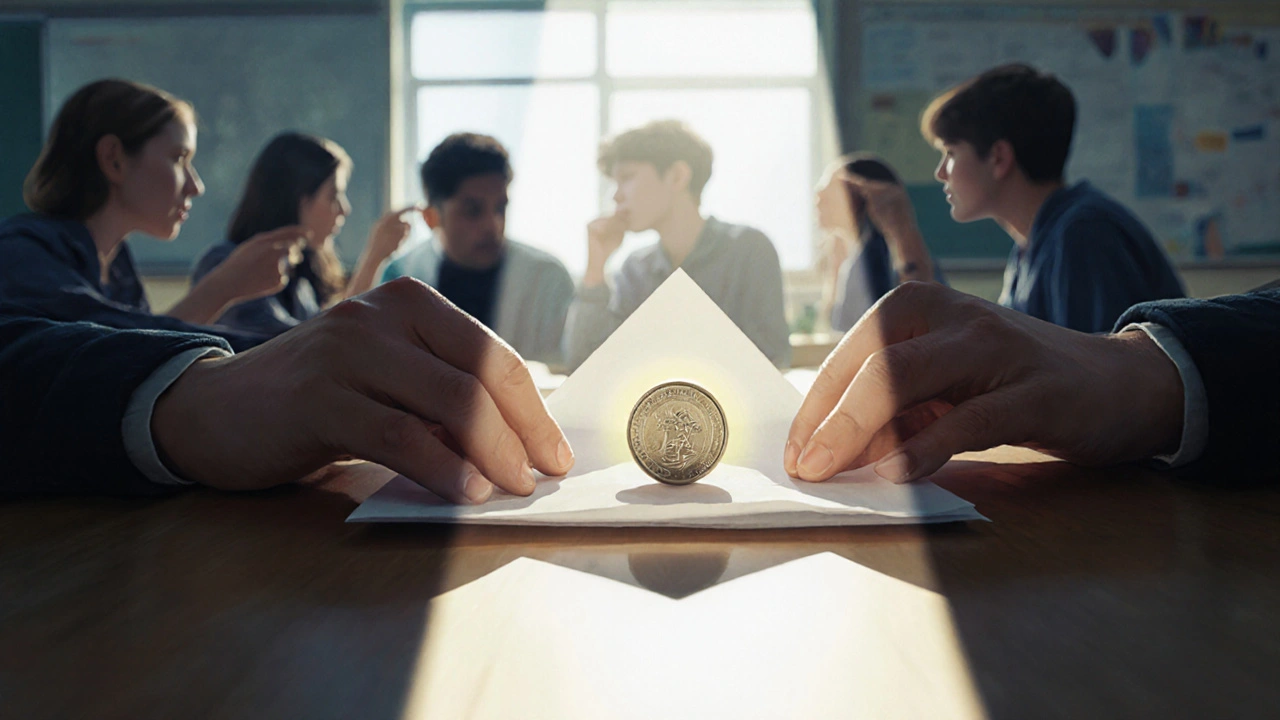 Una moneda parece atravesar una hoja de papel sobre una mesa de clase.