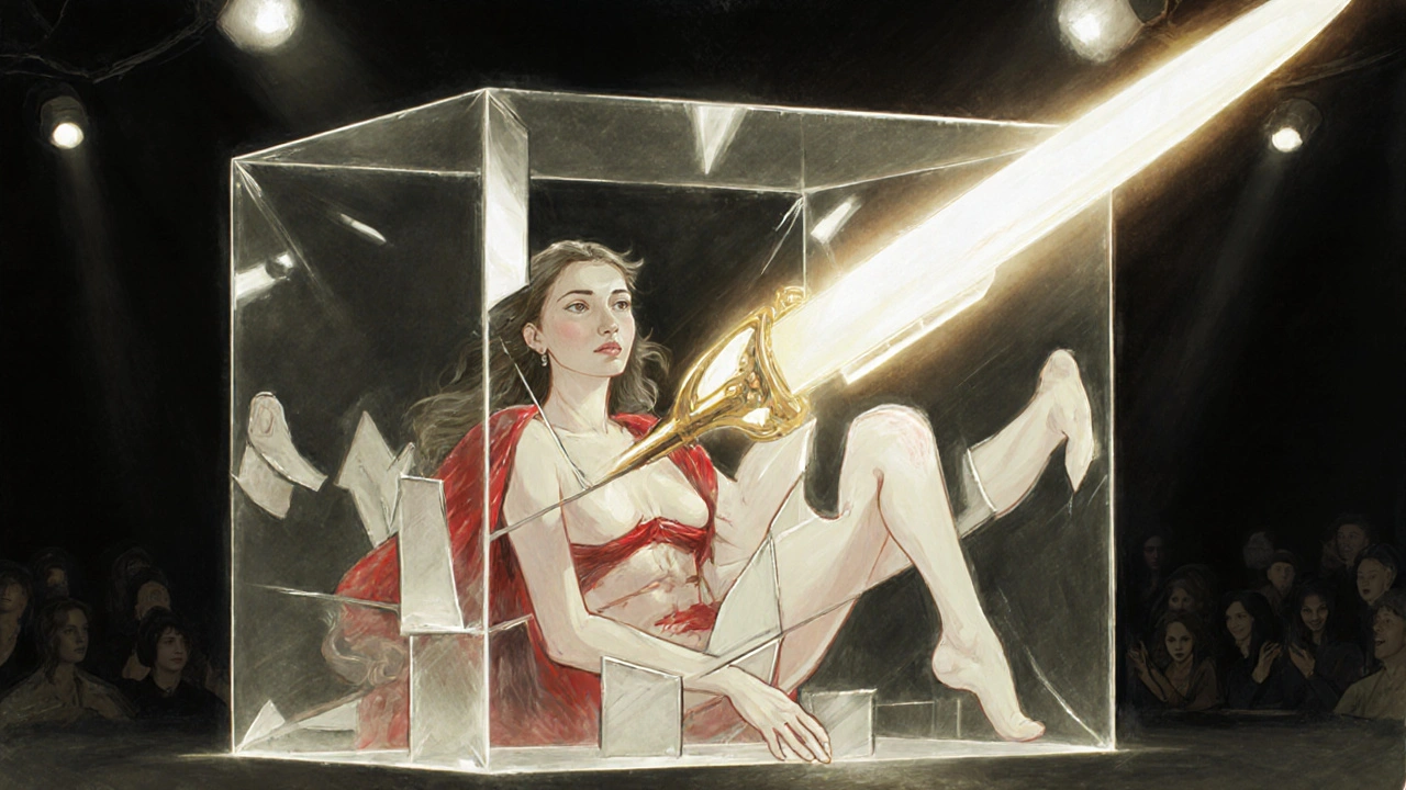 Una mujer parece cortada por la mitad dentro de una caja de cristal con espejos.