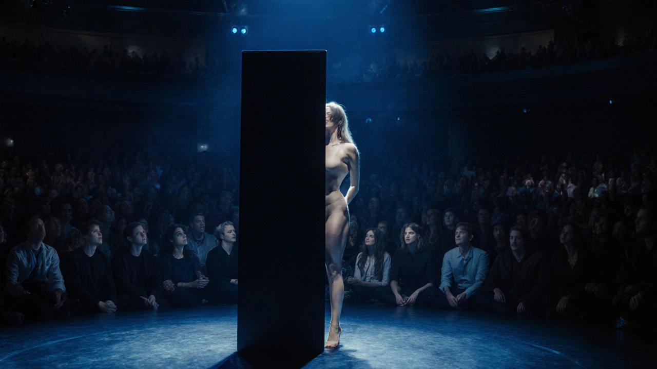 Una mujer parece cortada por la mitad en una caja de ilusión, con su cabeza y pies visibles en extremos opuestos.