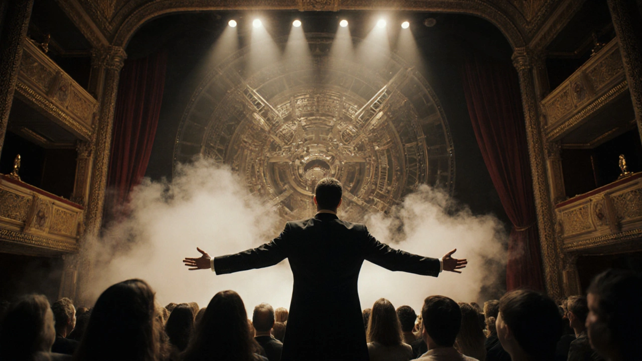 Una multitud mira hacia las luces del escenario mientras una estructura grande se desvanece fuera de vista.