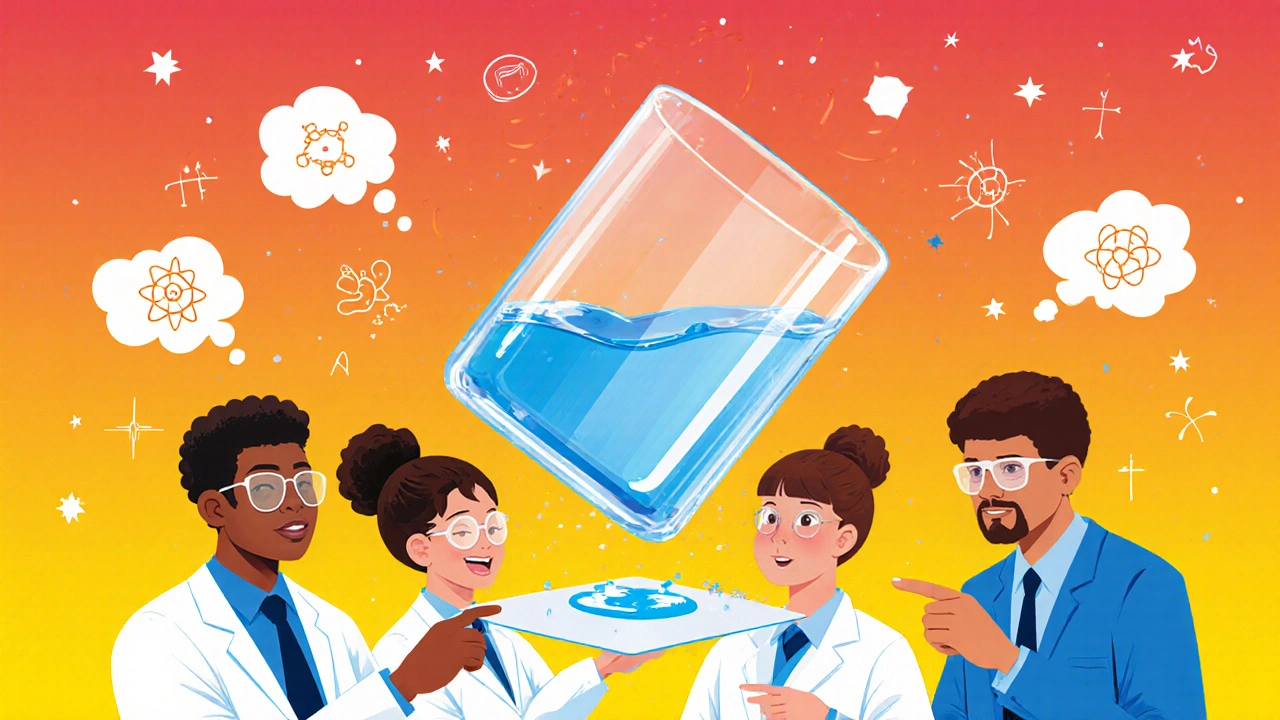 Vaso con agua invertido sobre cartón sin derramar, estudiantes observan con curiosidad.