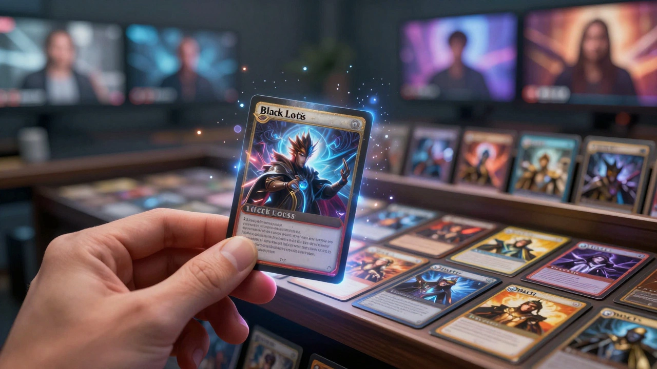 Carta rara &#039;Black Lotus&#039; brillando con partículas digitales, rodeada de otras cartas organizadas en una estantería virtual.