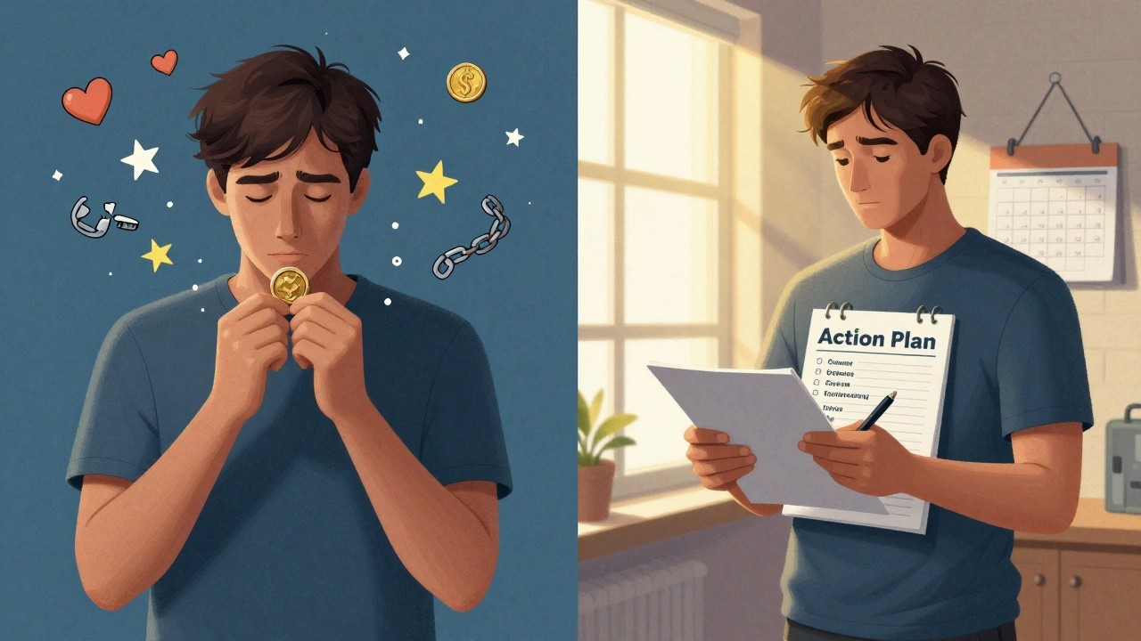 Dos escenas contrastantes: una con un amuleto mágico y otra con un plan de acción real.