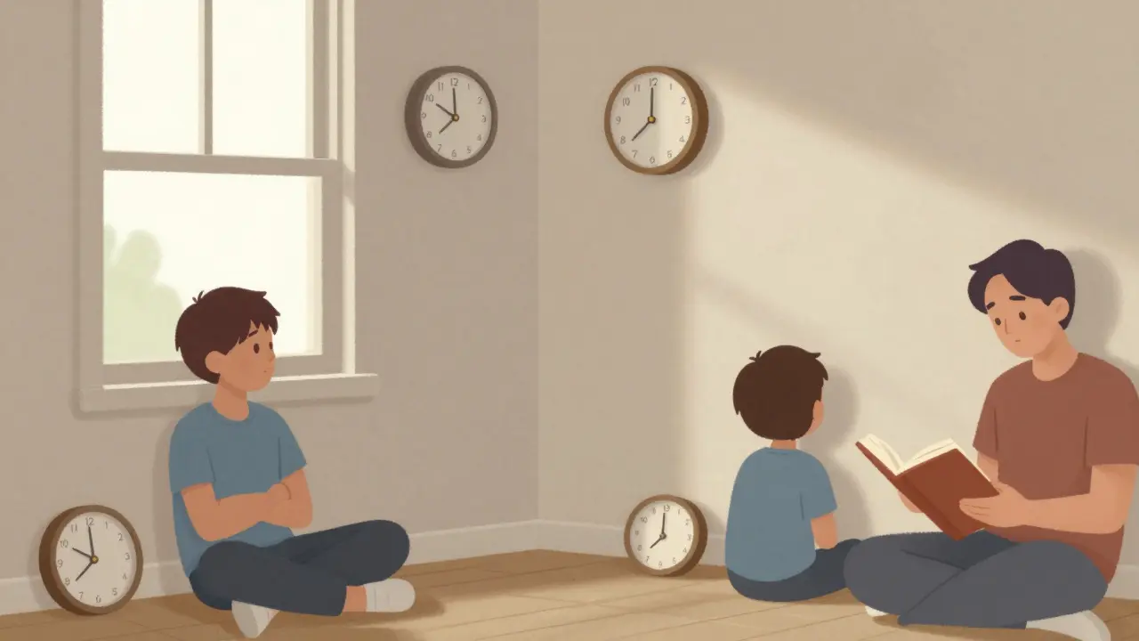 Dos hermanos en esquinas separadas, cada uno con su reloj de tiempo de espera, en silencio.