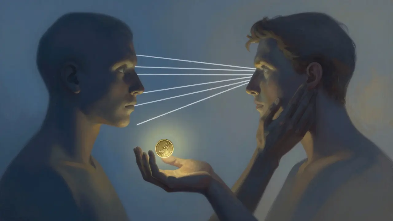 Dos siluetas representan la distracción mental: la atención mira hacia la cara, no hacia la moneda oculta.