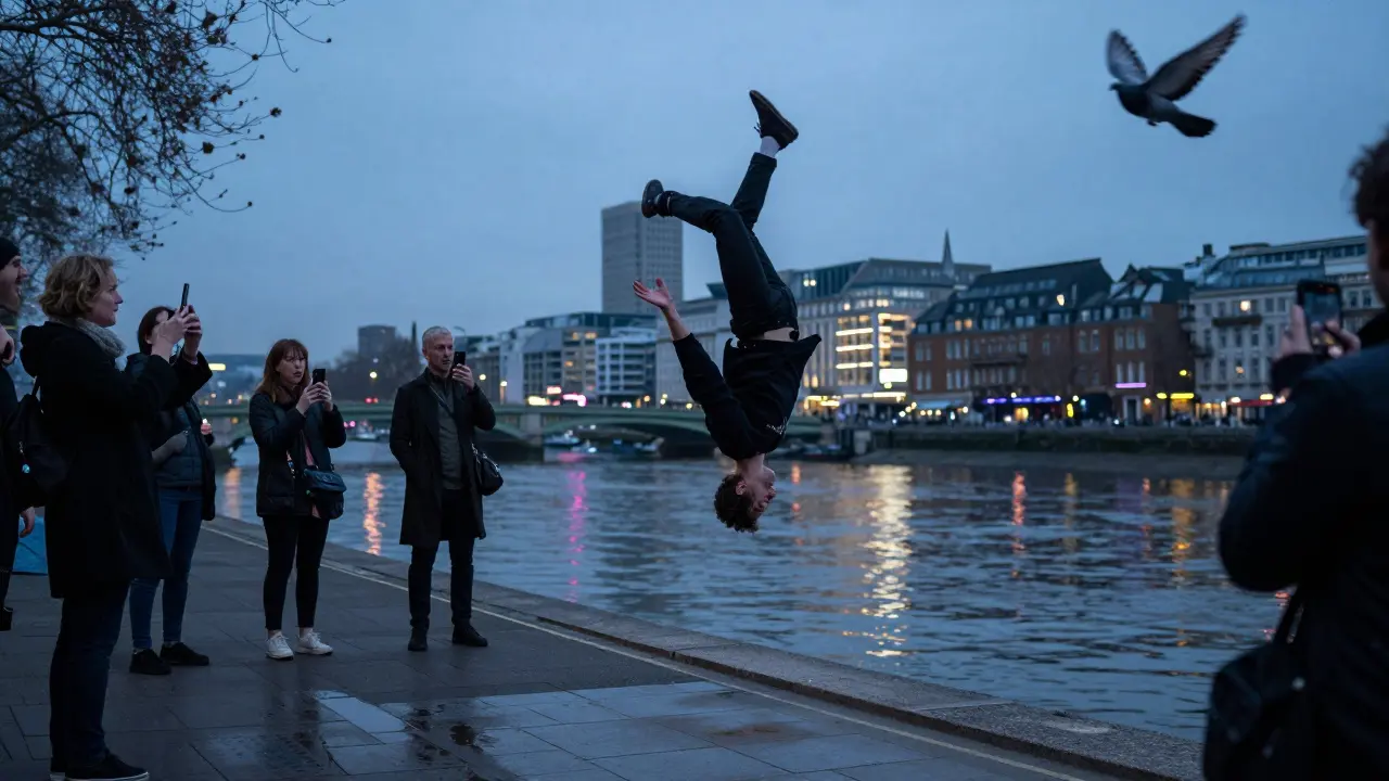 Dynamo flota sobre el río Támesis mientras gente graba con sus teléfonos.