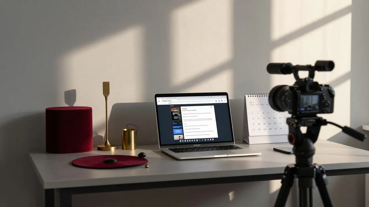 Espacio de trabajo de un mago con herramientas de magia, cámara profesional y panel de ventas digitales, luz matutina suave.