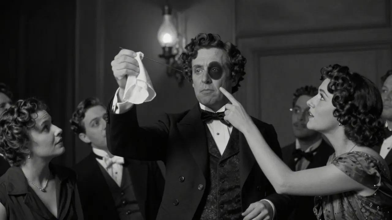 Fotografía en blanco y negro de un mago del siglo XIX haciendo el truco de la aguja en escenario.