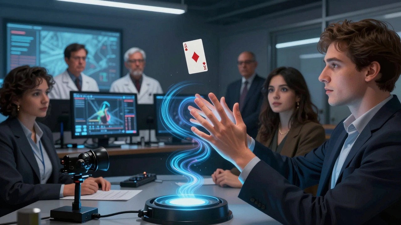 Grupo de adultos analizando movimientos de manos con cámaras de alta velocidad en una academia de magia.