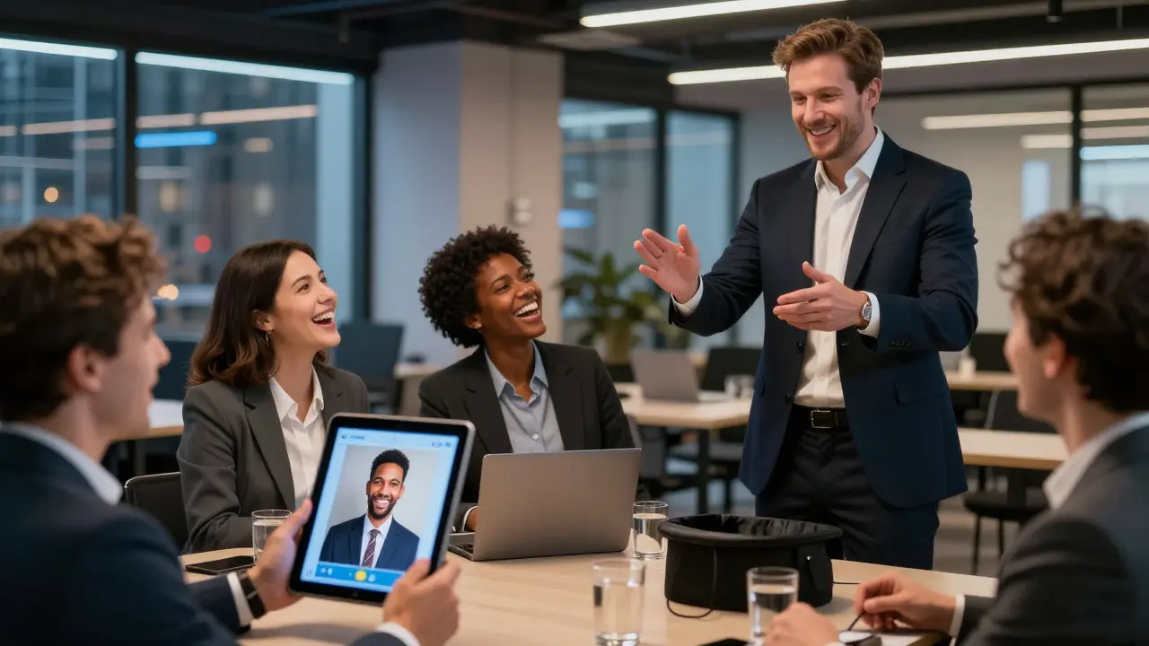 Grupo de asistentes en evento corporativo interactuando con un mago que usa una app para transformar fotos en tiempo real.