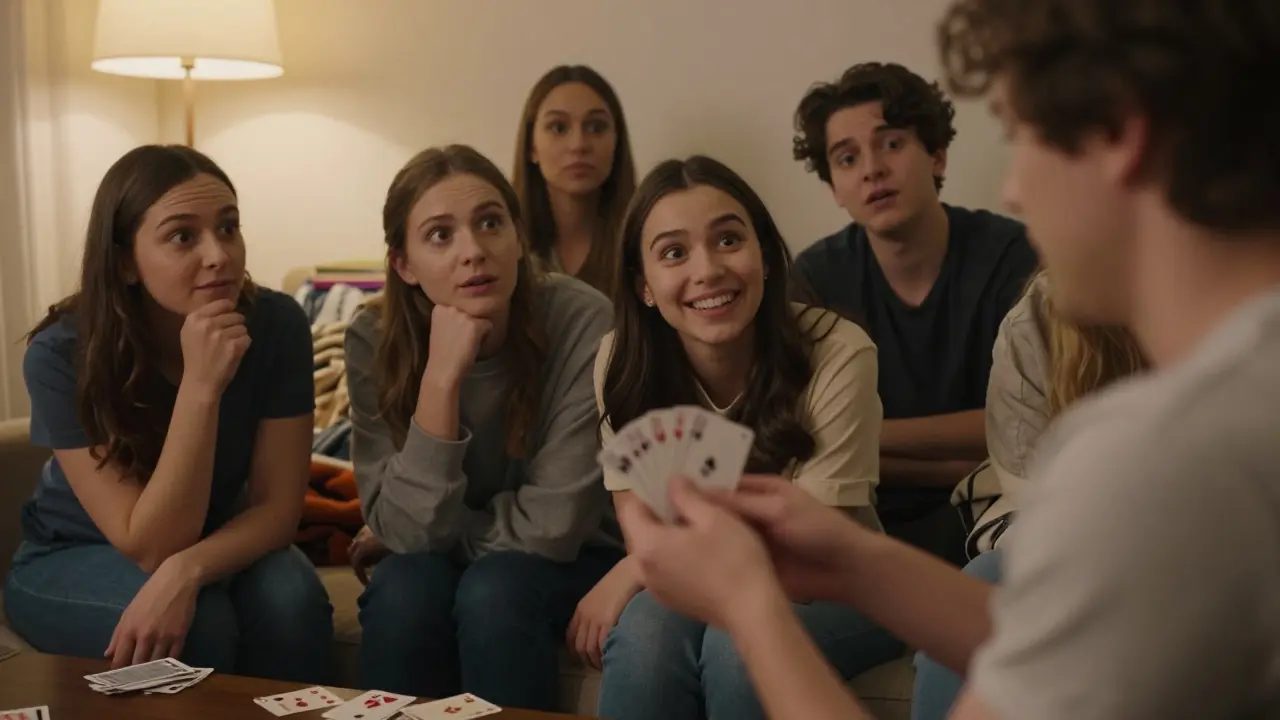 Grupo de personas mirando con asombro un truco de cartas en una sala de estar acogedora.