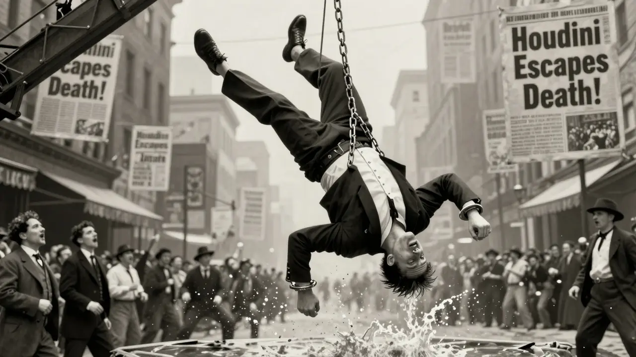 Harry Houdini colgado boca abajo en una calle de Nueva York, atado con cadenas mientras el público observa asombrado.