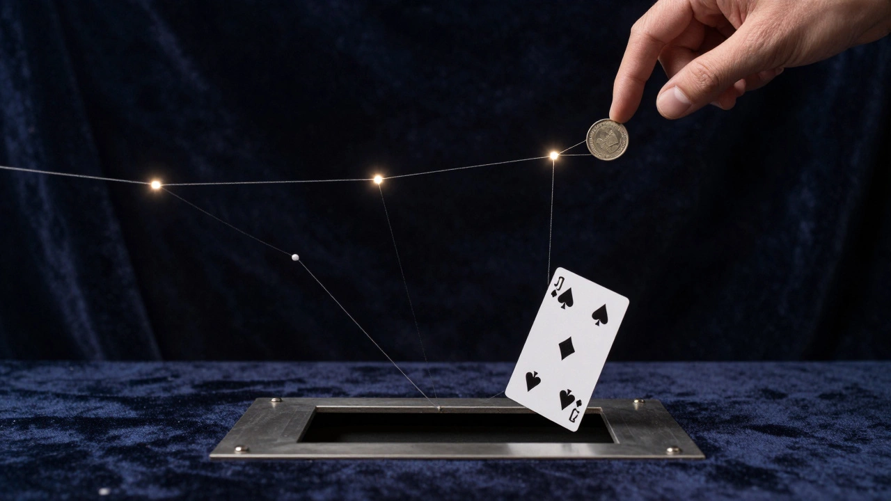 Hilos invisibles y imanes diminutos suspendidos en el aire, moviendo una moneda.
