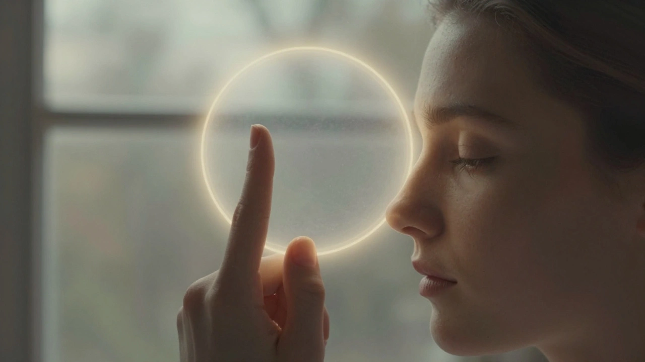 Ilusión óptica de un círculo flotante que surge de un óvalo de dedos frente a una ventana.