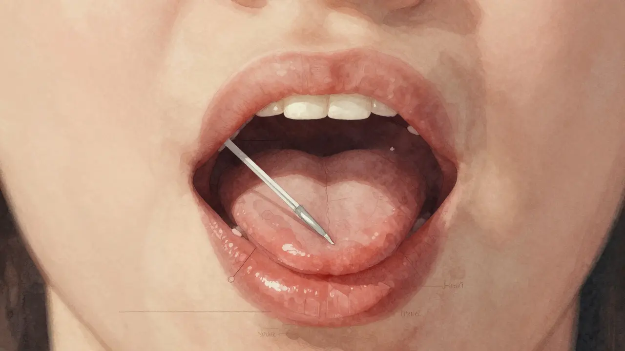 Interior de la boca mostrando cómo una aguja pasa entre la mejilla y la lengua sin tocar la piel.