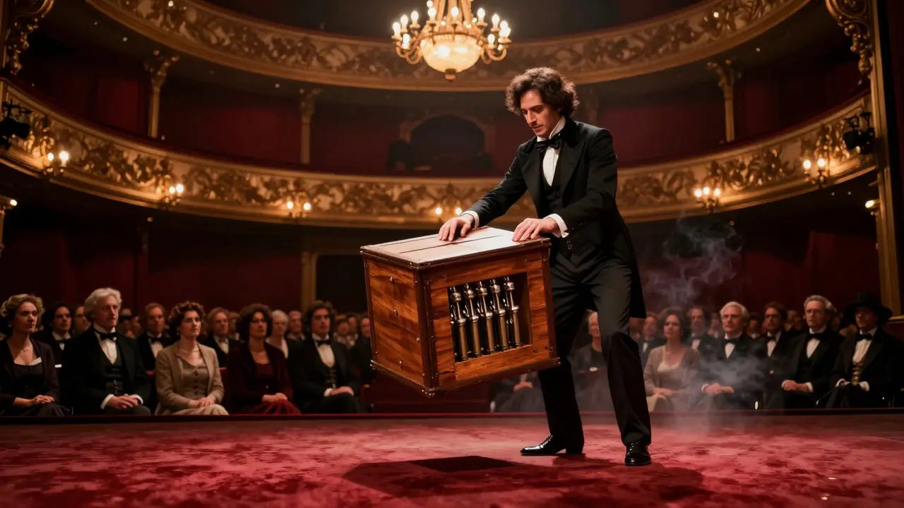 Mago en teatro parisino del siglo XIX levita una caja de madera con mecanismos ocultos.