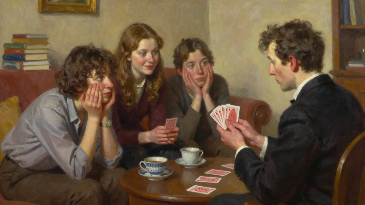 Mago realizando un truco de cartas frente a tres espectadores con expresiones de asombro en un salón acogedor.