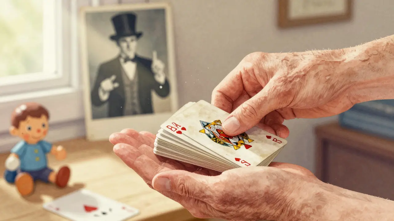 Mano mayor entregando una baraja de cartas a una mano más joven, bajo una luz cálida.