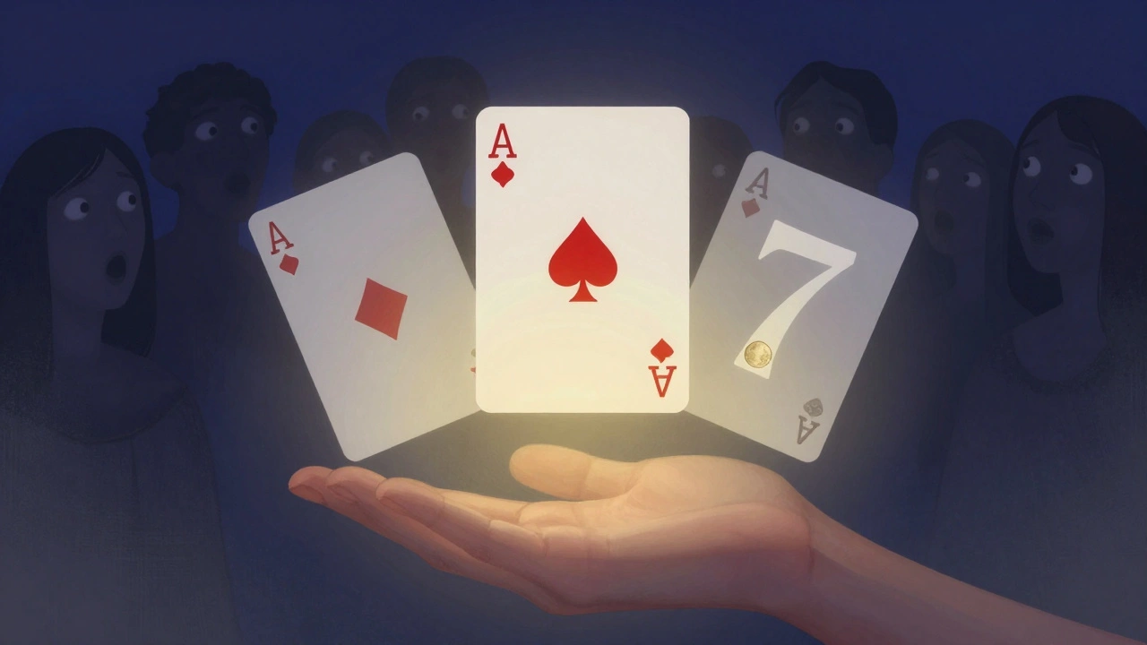 Mano que genera tres ilusiones mágicas: carta, moneda y número, mientras una multitud reacciona con asombro.