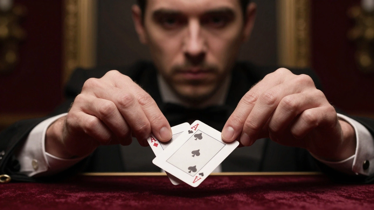 Manos de un mago realizando un &#039;double lift&#039; con una carta de Bicycle sobre un fondo de terciopelo rojo.