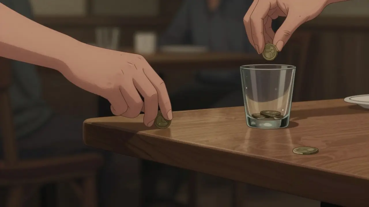 Moneda deslizándose fuera de una mesa mientras otra cae en un vaso invertido.