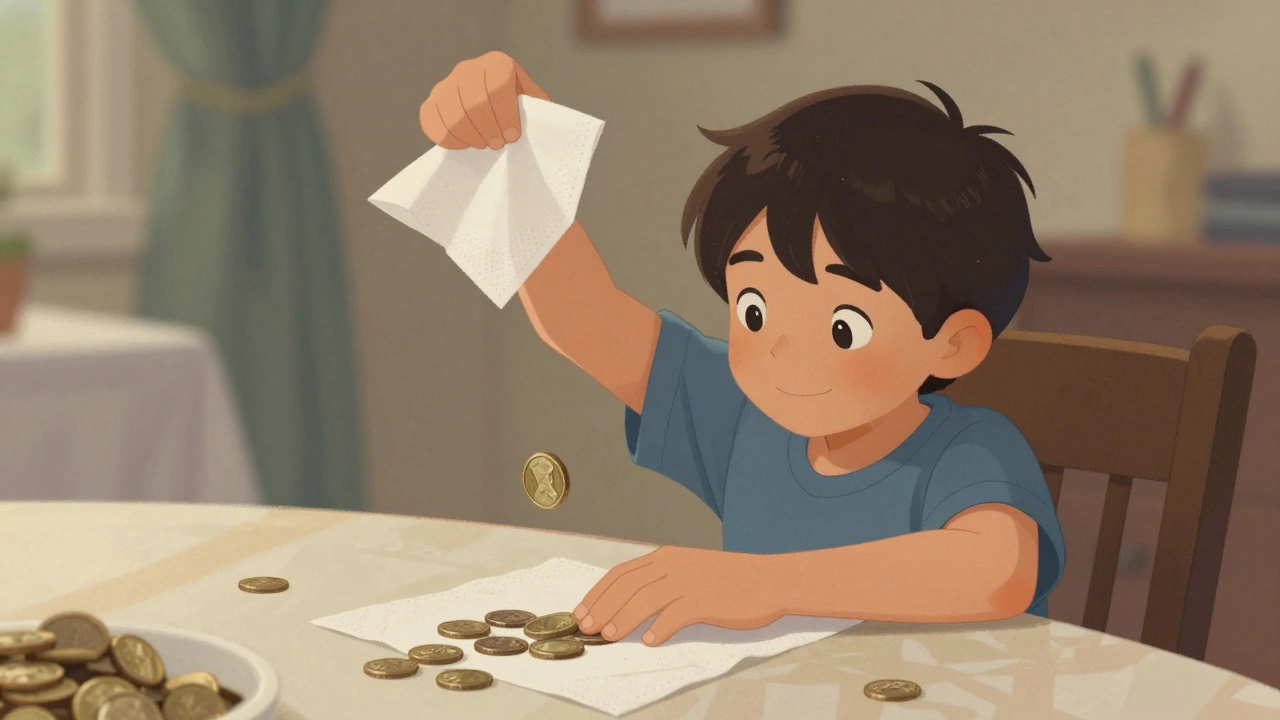 Niño realizando el truco de la moneda que desaparece bajo una servilleta.