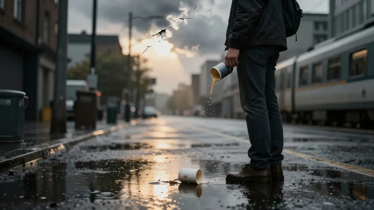 Persona en la calle bajo la lluvia, mirando hacia la luz mientras reflejos de momentos inesperados brillan en charcos.