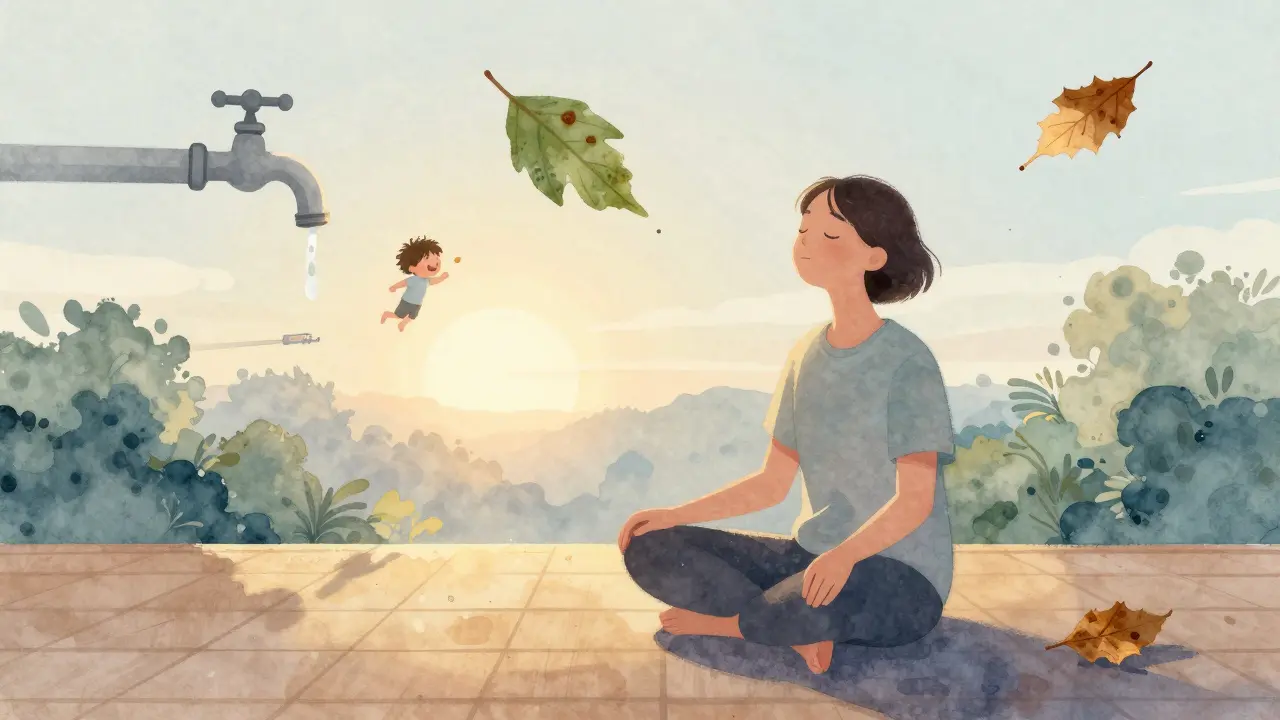 Persona en meditación rodeada por elementos sutiles de la vida cotidiana: gotas, hojas, risas.