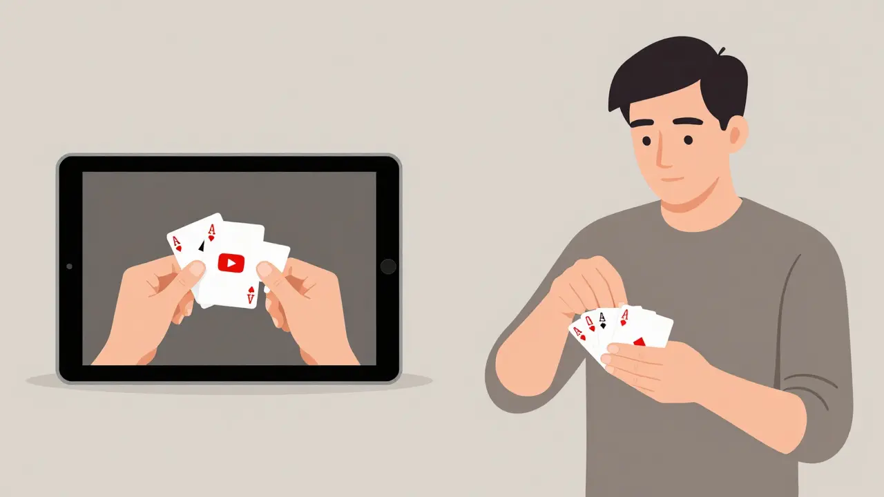 Persona practicando un truco de cartas mientras mira un tutorial en una tableta.